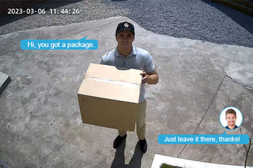A postman has arrived and the recipient is talking to him via the two-way talk function of the Owltron camera.